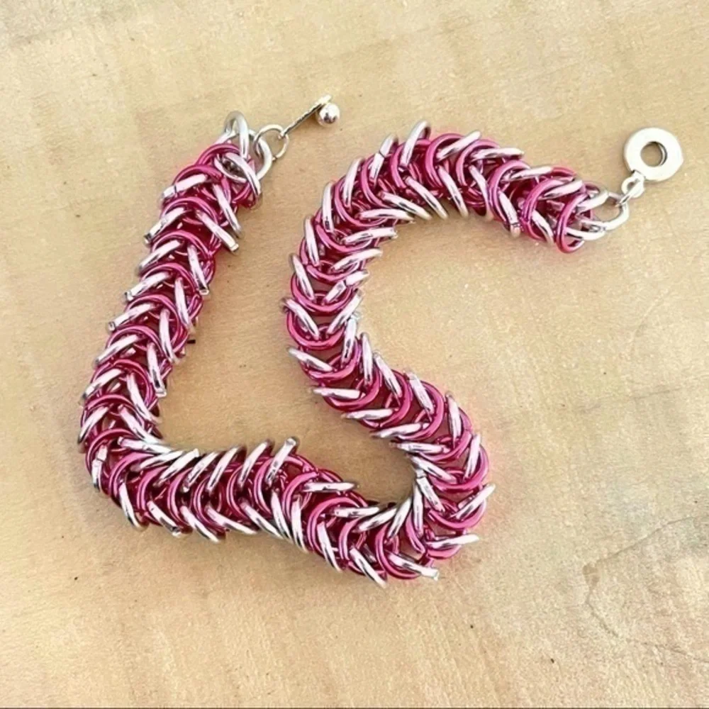 $49 SALE Handmade Neon Pink Silver Chainmail Bracelet Button Clasp Hand Linked